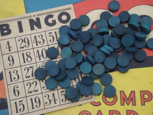 photo of two vintage bingo sets, lot wood parts numbers and markers, game cards #7