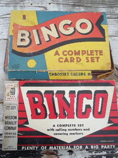 photo of two vintage bingo sets, lot wood parts numbers and markers, game cards #8