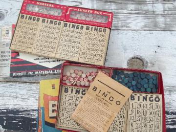 catalog photo of two vintage bingo sets, lot wood parts numbers and markers, game cards