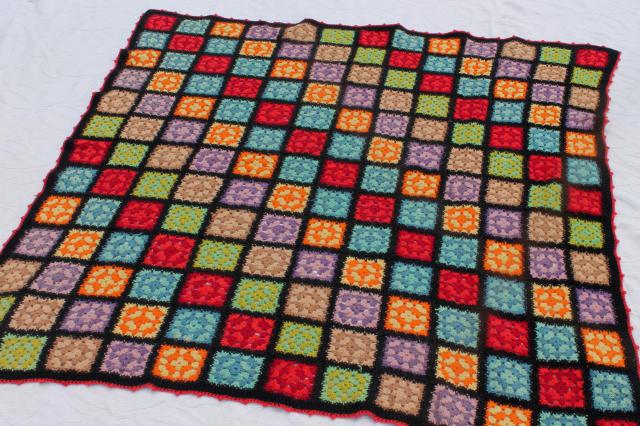 photo of two vintage crochet granny square afghans, retro bohemian bright colors w/ black #3