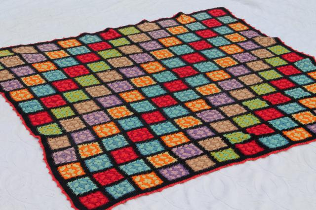photo of two vintage crochet granny square afghans, retro bohemian bright colors w/ black #4