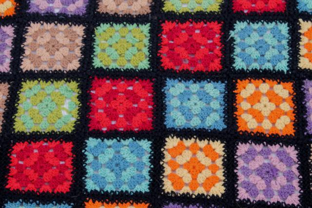 photo of two vintage crochet granny square afghans, retro bohemian bright colors w/ black #5