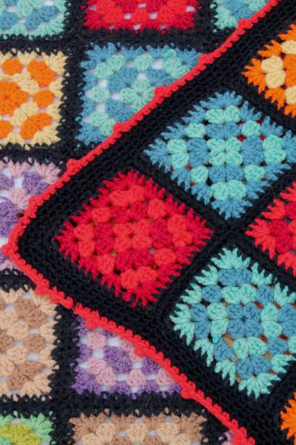 photo of two vintage crochet granny square afghans, retro bohemian bright colors w/ black #6