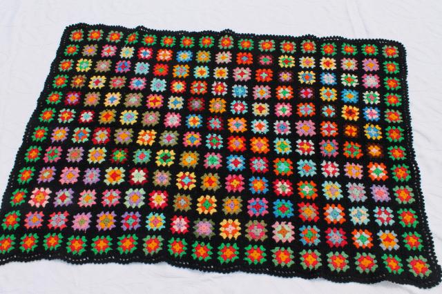 photo of two vintage crochet granny square afghans, retro bohemian bright colors w/ black #7