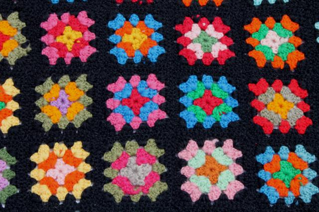 photo of two vintage crochet granny square afghans, retro bohemian bright colors w/ black #9