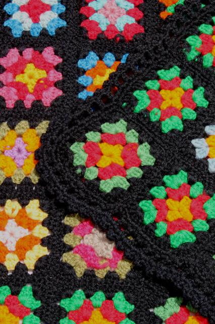 photo of two vintage crochet granny square afghans, retro bohemian bright colors w/ black #10