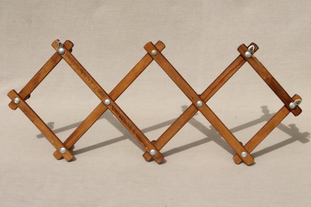 photo of two vintage wood peg mug racks, accordion adjustable  wall rack for coffee mugs #8