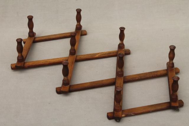 photo of two vintage wood peg mug racks, accordion adjustable  wall rack for coffee mugs #9