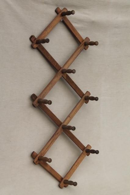 photo of two vintage wood peg mug racks, accordion adjustable  wall rack for coffee mugs #11