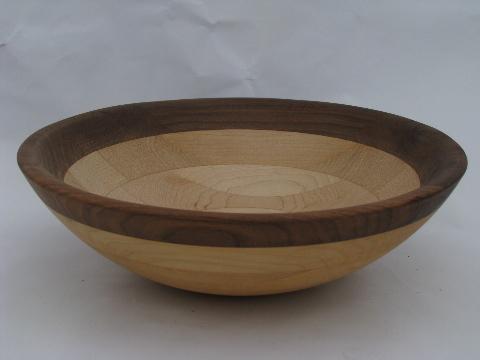 photo of two-tone birch & walnut hand turned wood bowl, vintage woodenware #1