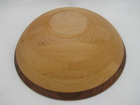 photo of two-tone birch & walnut hand turned wood bowl, vintage woodenware #3