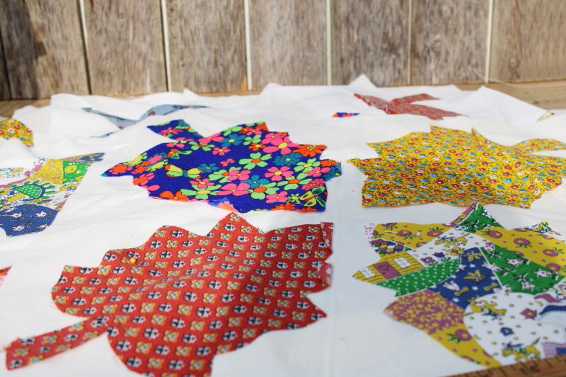 photo of unfinished project vintage quilt blocks, cotton prints leaf applique on unbleached muslin fabric #1