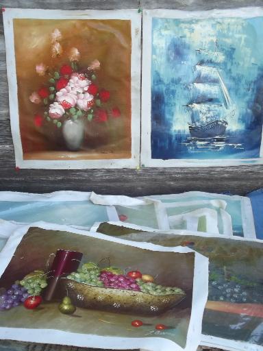 photo of unframed oil painting canvases, lot vintage factory art landscapes and still-life #1