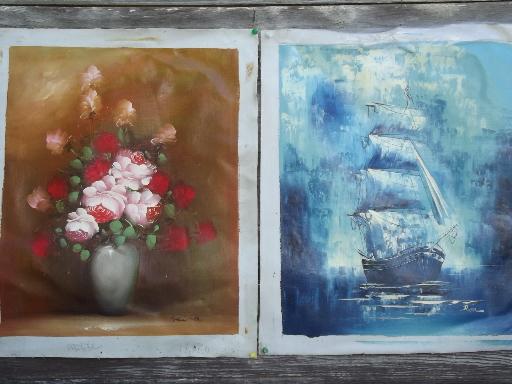 photo of unframed oil painting canvases, lot vintage factory art landscapes and still-life #2