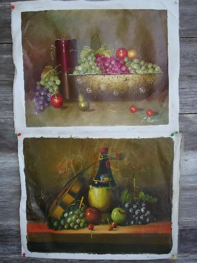 photo of unframed oil painting canvases, lot vintage factory art landscapes and still-life #3