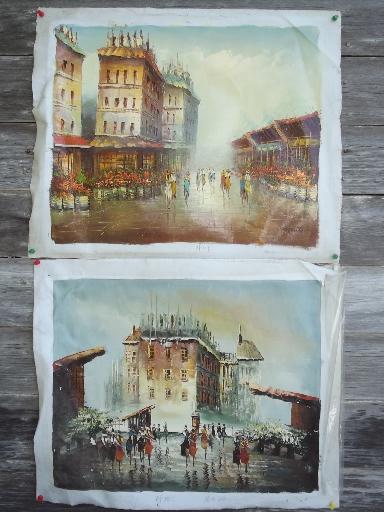 photo of unframed oil painting canvases, lot vintage factory art landscapes and still-life #4