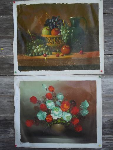 photo of unframed oil painting canvases, lot vintage factory art landscapes and still-life #7