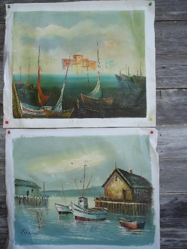 photo of unframed oil painting canvases, lot vintage factory art landscapes and still-life #9