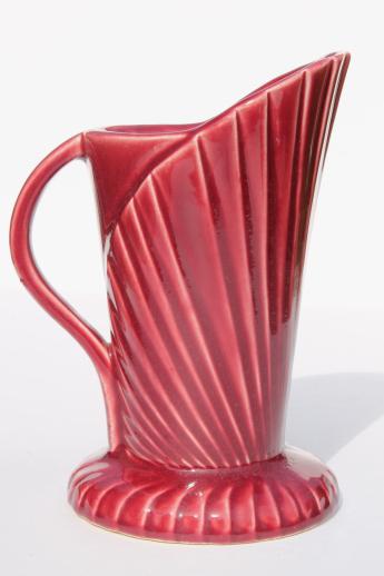 photo of unmarked 40s vintage pottery pitcher, art deco stylized fan shape, burgundy maroon glaze #3