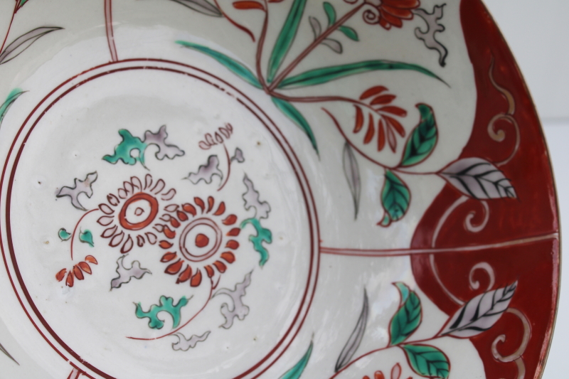 photo of unmarked Asian porcelain bowl, hand painted flowers in red, green, grey Chinese or vintage Japan #3