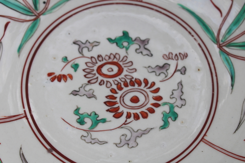 photo of unmarked Asian porcelain bowl, hand painted flowers in red, green, grey Chinese or vintage Japan #6