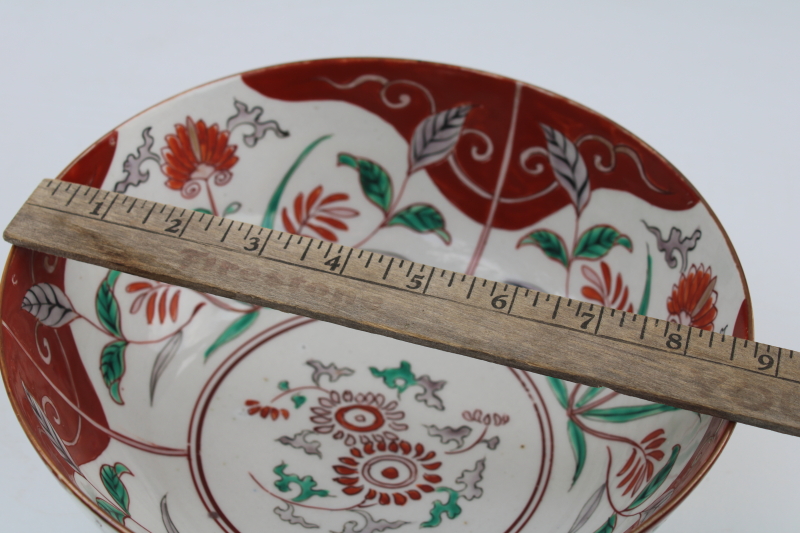 photo of unmarked Asian porcelain bowl, hand painted flowers in red, green, grey Chinese or vintage Japan #7