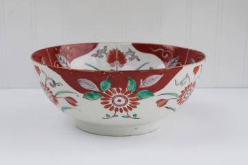 catalog photo of unmarked Asian porcelain bowl, hand painted flowers in red, green, grey Chinese or vintage Japan