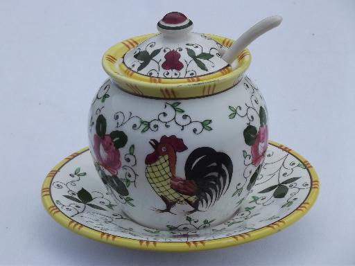 photo of unmarked PY Japan vintage handpainted rooster and roses jam pot jar w/ lid #1