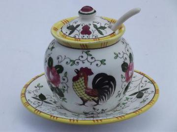 catalog photo of unmarked PY Japan vintage handpainted rooster and roses jam pot jar w/ lid