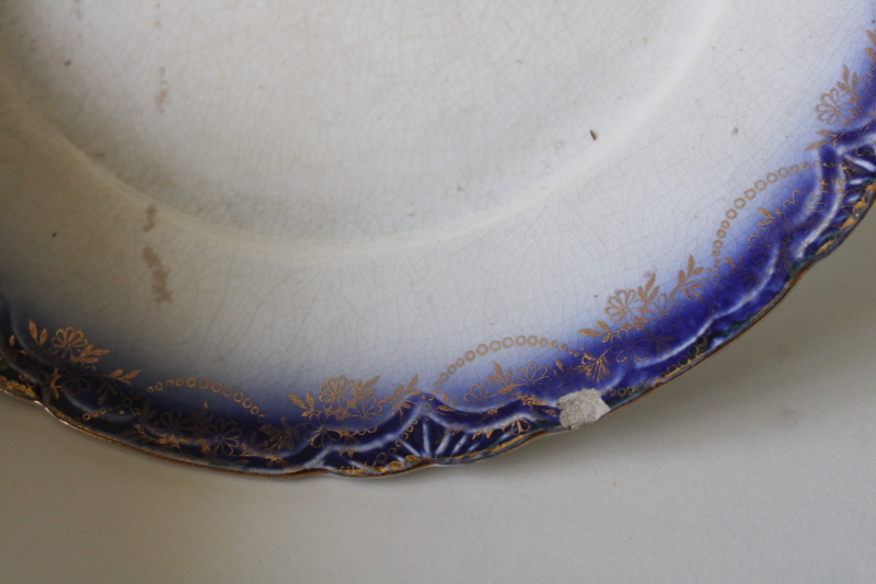 photo of unmarked antique flow blue china plate very shabby, La Francaise or La Belle china border w/ gold #3