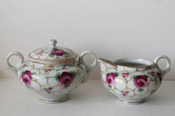 catalog photo of unmarked hand painted Nippon porcelain creamer & sugar bowl set, vintage china made in Japan 