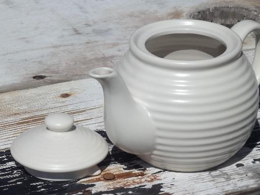 photo of unmarked vintage ring band pottery teapot, retro matte white glaze #2