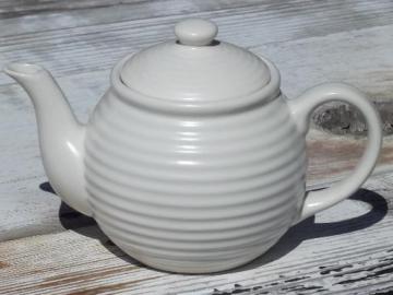 catalog photo of unmarked vintage ring band pottery teapot, retro matte white glaze
