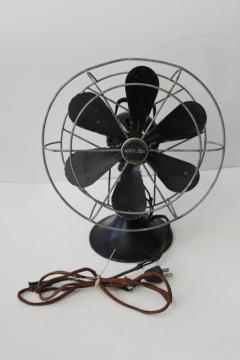 catalog photo of unrestored vintage 1930s Airflow electric fan, six blade small desk top size