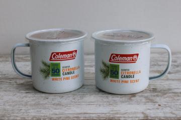 catalog photo of unused Coleman camp mug candles, bug repellent citronella, white pine scent 