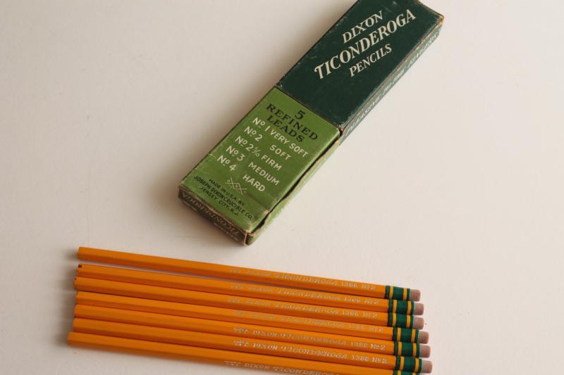 photo of unused Dixon Ticonderoga #2 pencils in original printed box, mid-century vintage #2