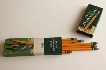 catalog photo of unused Dixon Ticonderoga #2 pencils in original printed box, mid-century vintage