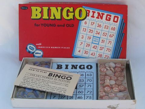 photo of unused mid-century vintage Whitman box bingo game, wood number chips #1