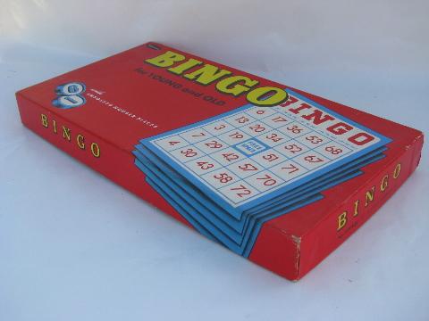 photo of unused mid-century vintage Whitman box bingo game, wood number chips #5