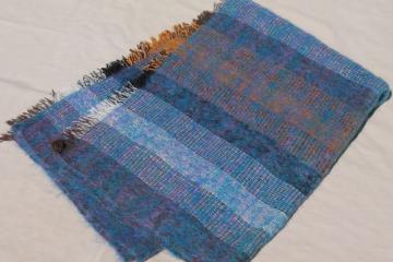 catalog photo of unused vintage Avoca Ireland Irish wool mohair throw blanket, earth brown & blue colors