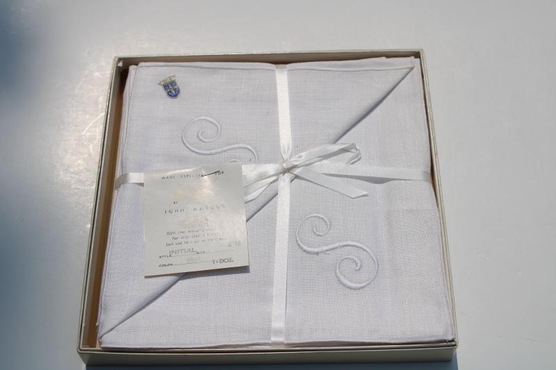 photo of unused vintage Belgian linen napkins w/ embroidered S monogram, set of 12 new in package #1
