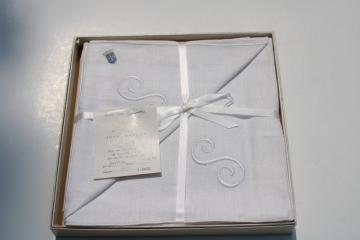 catalog photo of unused vintage Belgian linen napkins w/ embroidered S monogram, set of 12 new in package