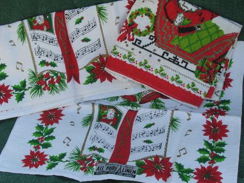 photo of unused vintage Christmas prints pure linen tea towels kitchen towel lot #1