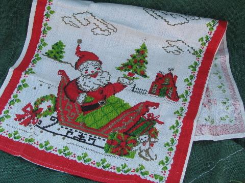 photo of unused vintage Christmas prints pure linen tea towels kitchen towel lot #5