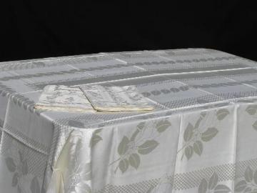 catalog photo of unused vintage Czech damask table linens w/ labels, tablecloth & dinner napkins