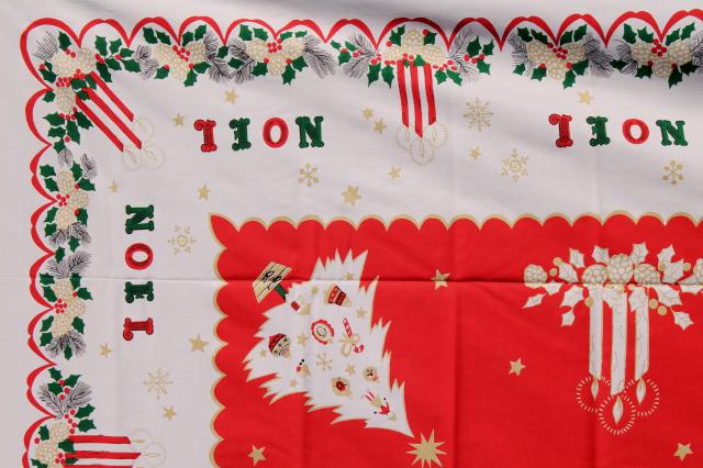 photo of unused vintage Noel Christmas print cotton / rayon tablecloth, banquet table size  #6