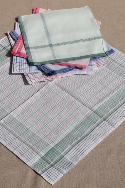 photo of unused vintage colored checked cotton handkerchiefs, men's large square hankerchief lot #1