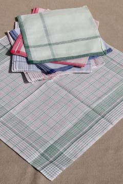 catalog photo of unused vintage colored checked cotton handkerchiefs, men's large square hankerchief lot