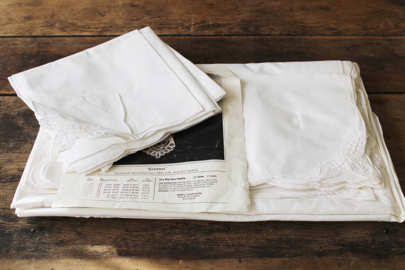 photo of unused vintage cotton battenburg lace table linens set, tablecloth and 16 matching napkins #1