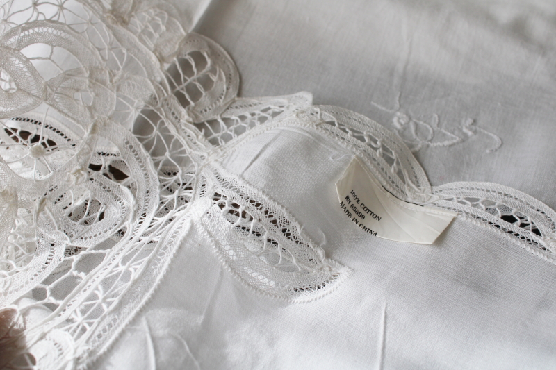 photo of unused vintage cotton battenburg lace table linens set, tablecloth and 16 matching napkins #4